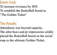 Event Goal To increase revenues by 50% To establish the ButterBall brand as "The Golden Ticket" The Results Attendance was beyond capacity. The after-buzz and pr impressions solidly placed the ButterBall brand on the social map as the ultimate Golden Ticket. 